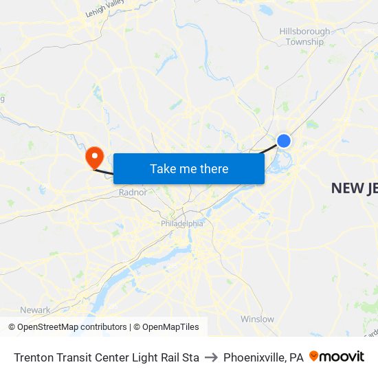 Trenton Transit Center Light Rail Sta to Phoenixville, PA map
