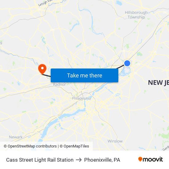 Cass Street Light Rail Station to Phoenixville, PA map