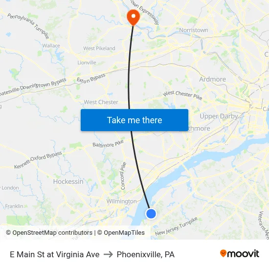E Main St at Virginia Ave to Phoenixville, PA map