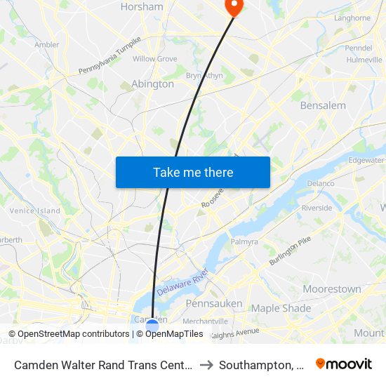 Camden Walter Rand Trans Center to Southampton, PA map