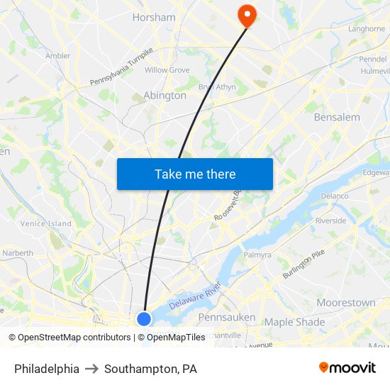 Philadelphia to Southampton, PA map