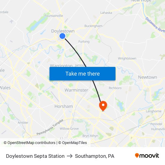 Doylestown Septa Station to Southampton, PA map