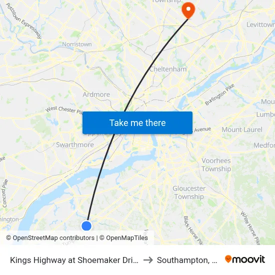 Kings Highway at Shoemaker Drive to Southampton, PA map