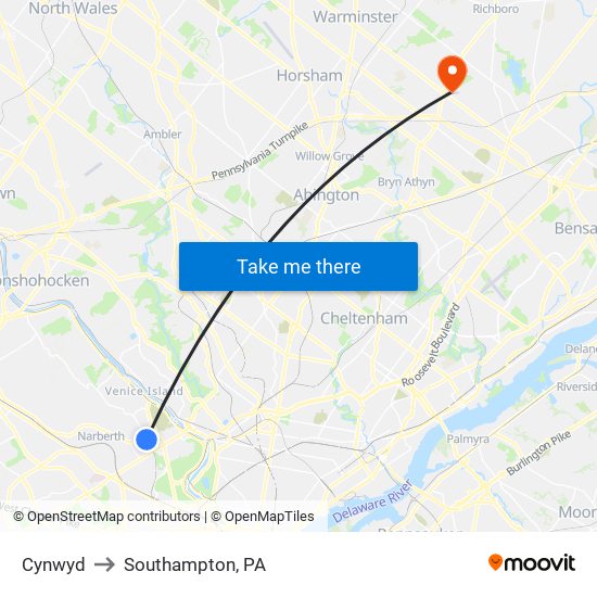 Cynwyd to Southampton, PA map