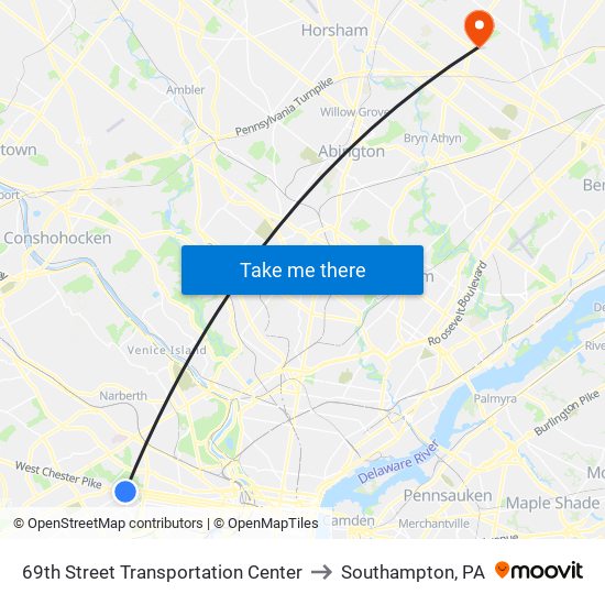 69th Street Transportation Center to Southampton, PA map