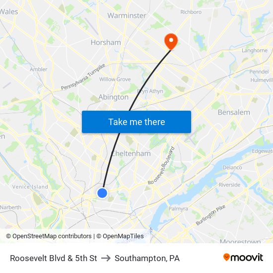 Roosevelt Blvd & 5th St to Southampton, PA map