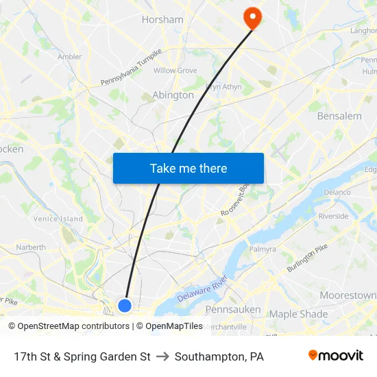 17th St & Spring Garden St to Southampton, PA map