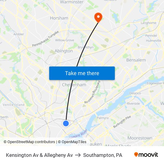 Kensington Av & Allegheny Av to Southampton, PA map