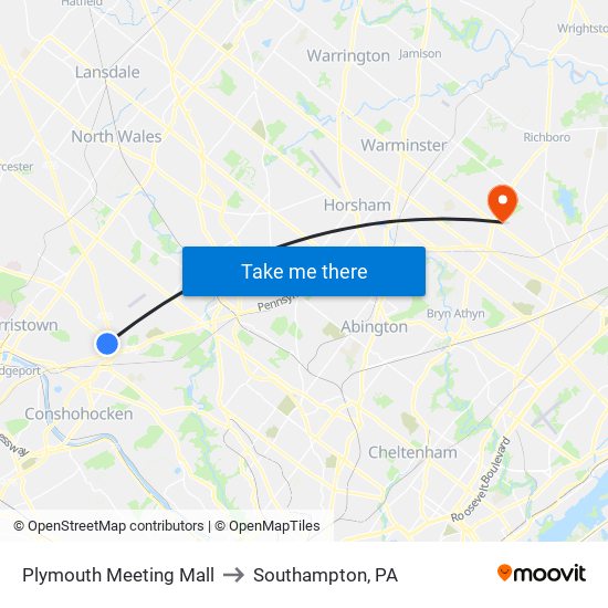 Plymouth Meeting Mall to Southampton, PA map