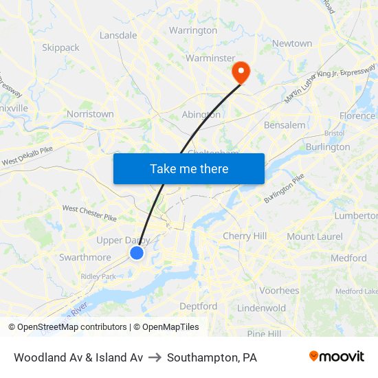 Woodland Av & Island Av to Southampton, PA map