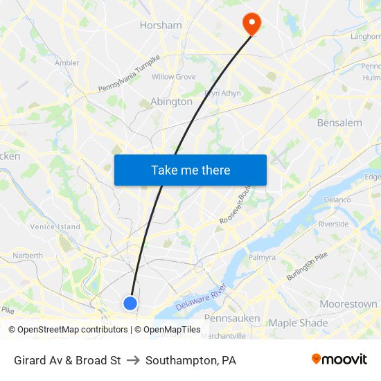Girard Av & Broad St to Southampton, PA map