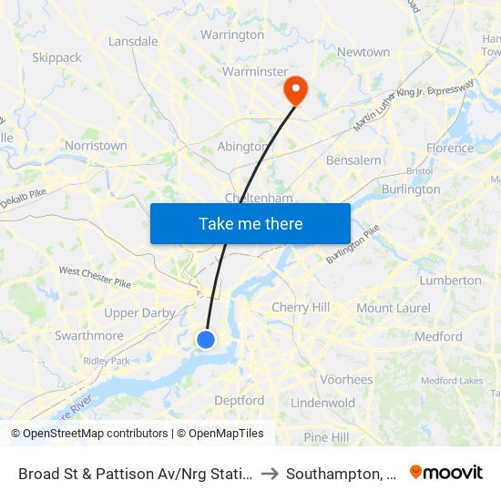 Broad St & Pattison Av/Nrg Station to Southampton, PA map