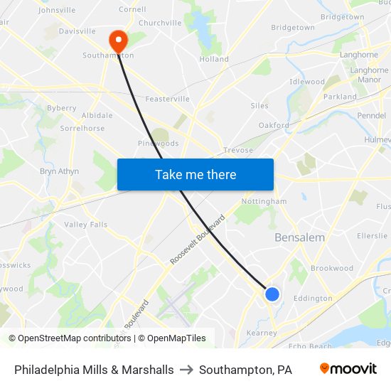 Philadelphia Mills & Marshalls to Southampton, PA map