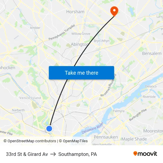 33rd St & Girard Av to Southampton, PA map