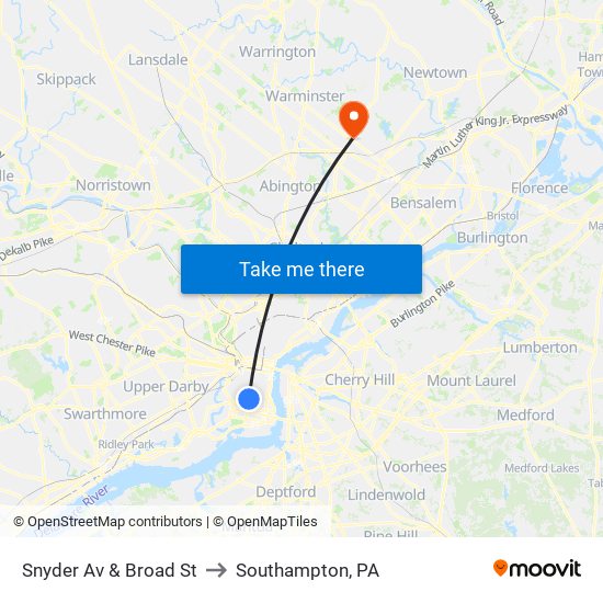 Snyder Av & Broad St to Southampton, PA map