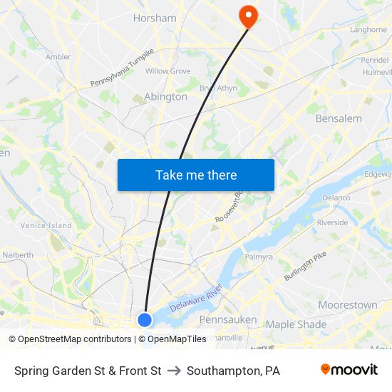 Spring Garden St & Front St to Southampton, PA map