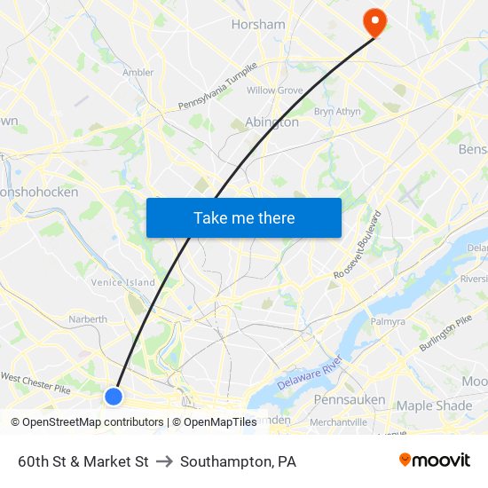 60th St & Market St to Southampton, PA map