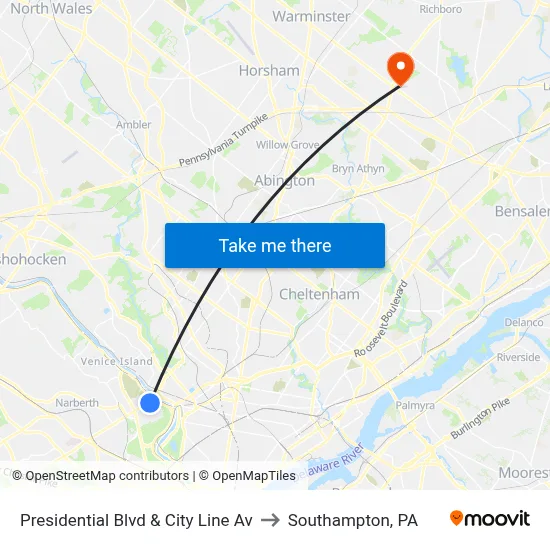 Presidential Blvd & City Line Av to Southampton, PA map