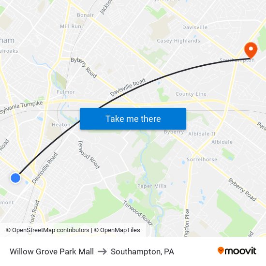 Willow Grove Park Mall to Southampton, PA map