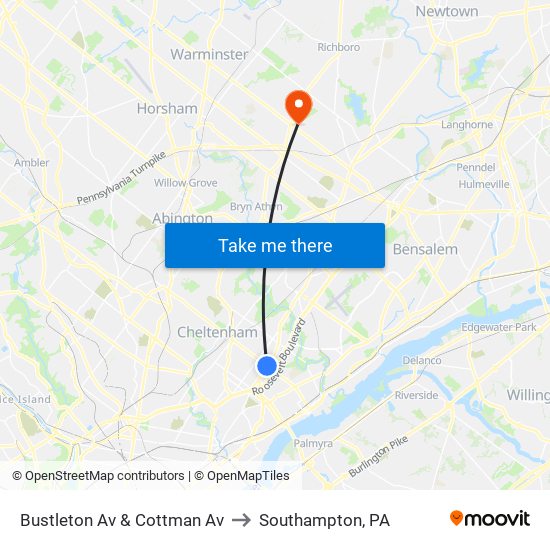 Bustleton Av & Cottman Av to Southampton, PA map