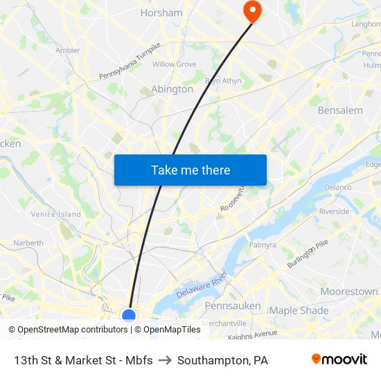 13th St & Market St - Mbfs to Southampton, PA map