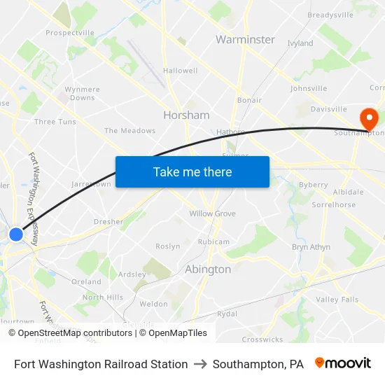 Fort Washington Railroad Station to Southampton, PA map
