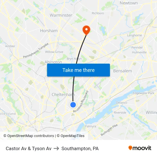 Castor Av & Tyson Av to Southampton, PA map