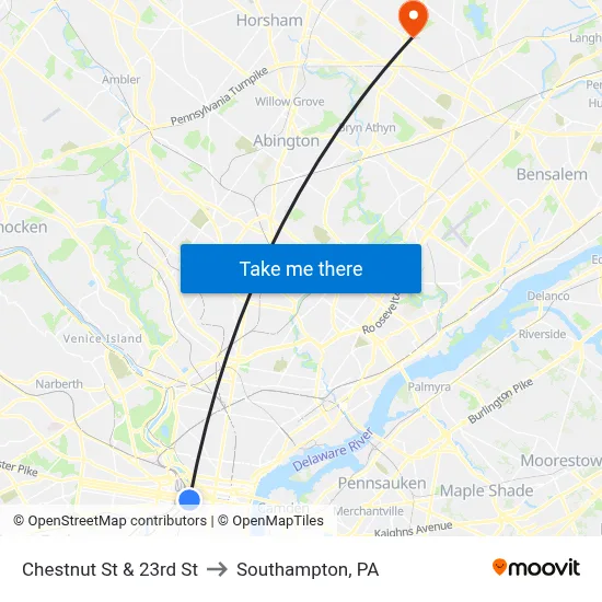 Chestnut St & 23rd St to Southampton, PA map