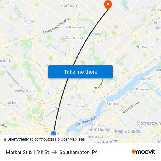 Market St & 15th St to Southampton, PA map