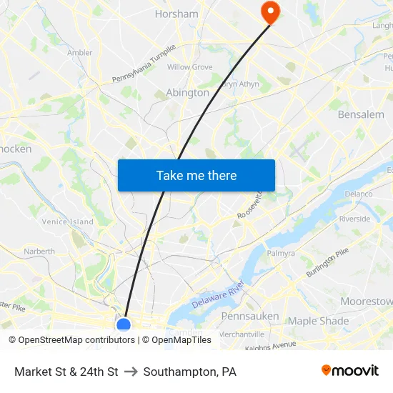 Market St & 24th St to Southampton, PA map