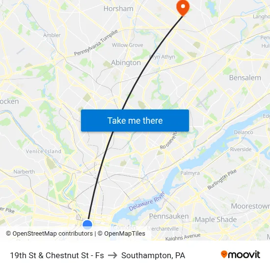 19th St & Chestnut St - Fs to Southampton, PA map