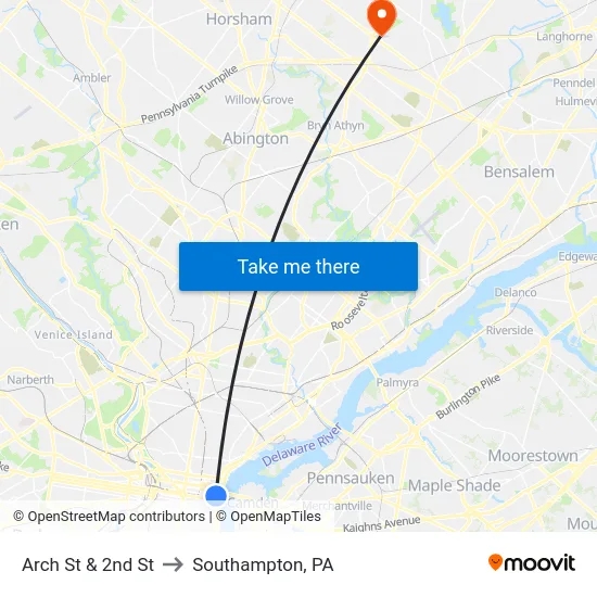 Arch St & 2nd St to Southampton, PA map