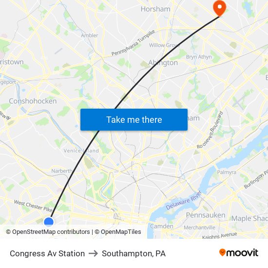 Congress Av Station to Southampton, PA map