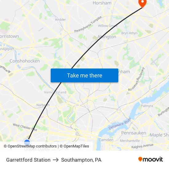 Garrettford Station to Southampton, PA map