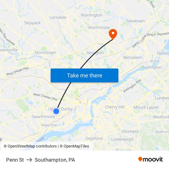 Penn St to Southampton, PA map