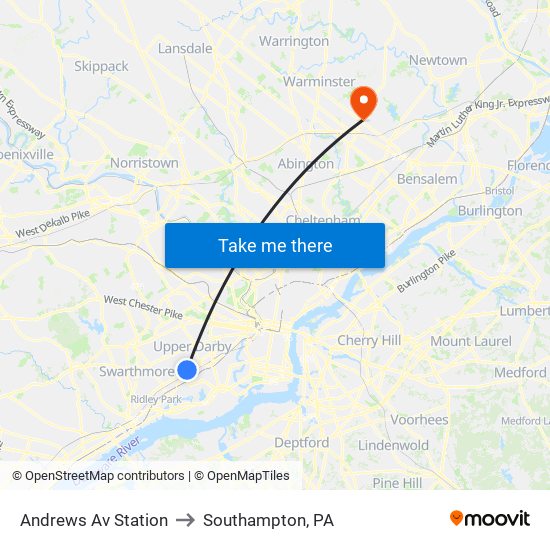 Andrews Av Station to Southampton, PA map