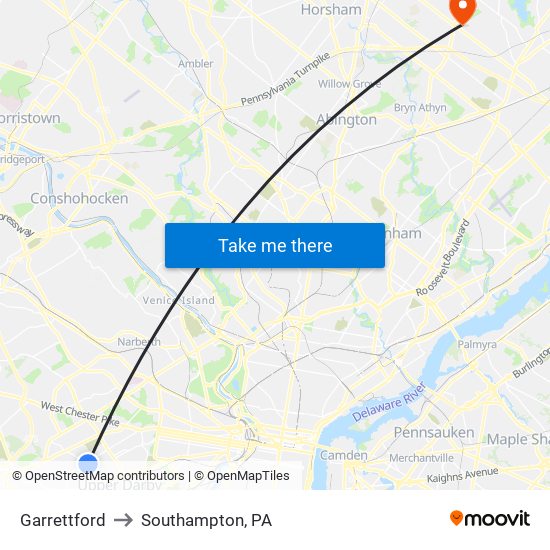 Garrettford to Southampton, PA map