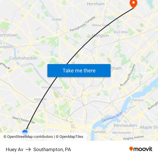 Huey Av to Southampton, PA map