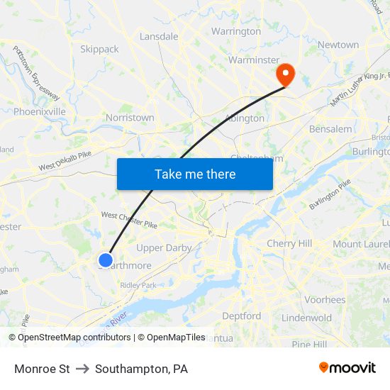 Monroe St to Southampton, PA map