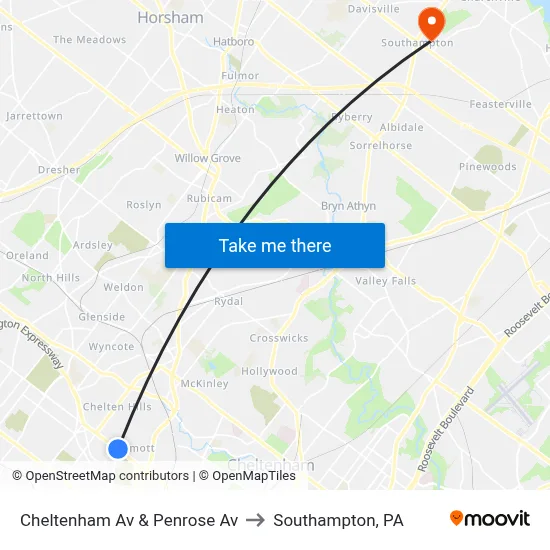 Cheltenham Av & Penrose Av to Southampton, PA map