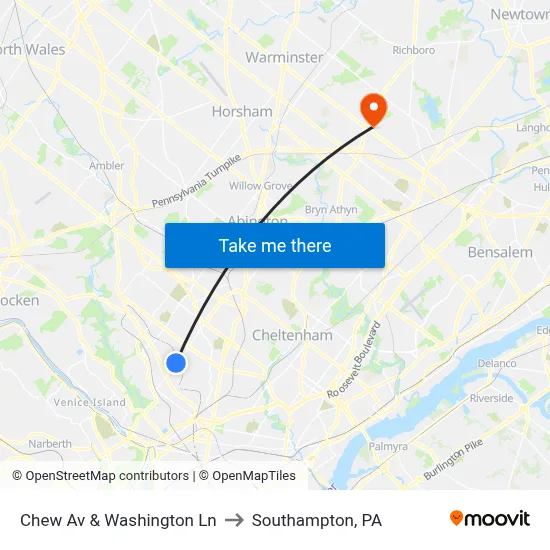 Chew Av & Washington Ln to Southampton, PA map