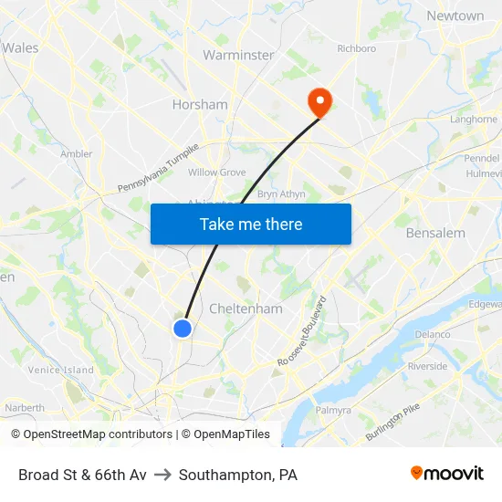 Broad St & 66th Av to Southampton, PA map