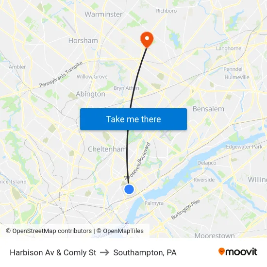 Harbison Av & Comly St to Southampton, PA map