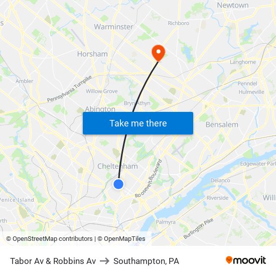 Tabor Av & Robbins Av to Southampton, PA map