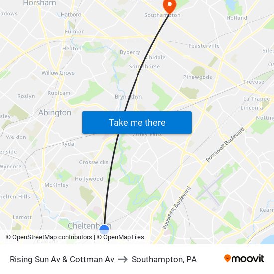 Rising Sun Av & Cottman Av to Southampton, PA map