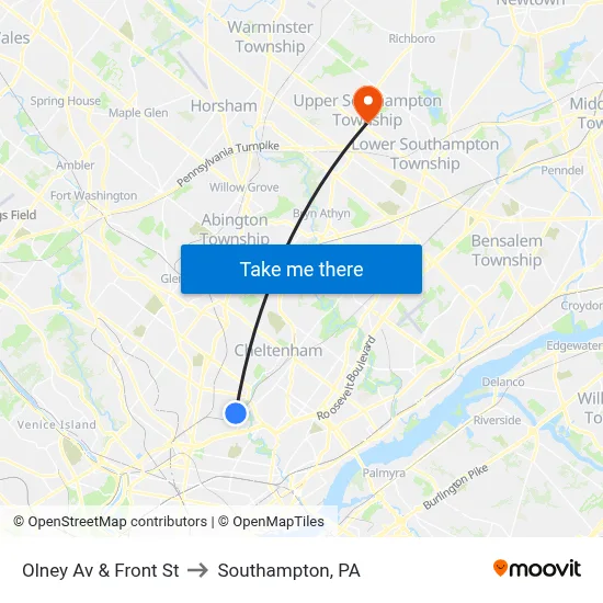 Olney Av & Front St to Southampton, PA map