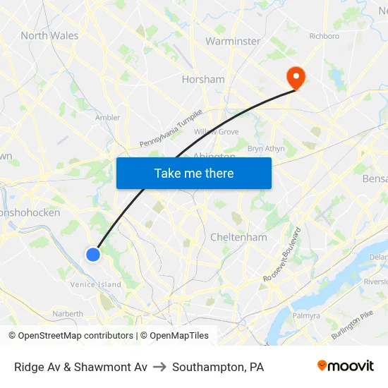 Ridge Av & Shawmont Av to Southampton, PA map