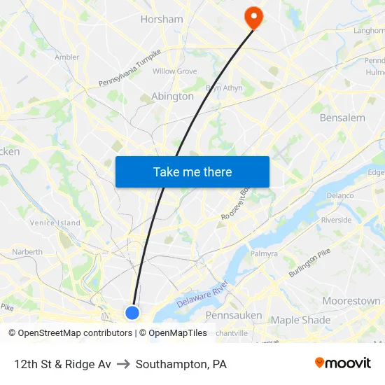 12th St & Ridge Av to Southampton, PA map