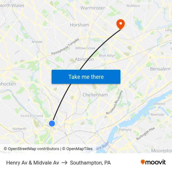Henry Av & Midvale Av to Southampton, PA map