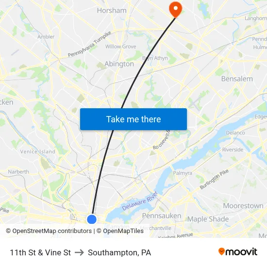 11th St & Vine St to Southampton, PA map
